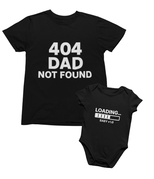 white t-shirt and baby grow set with 404 dad loading tech joke design for new dads