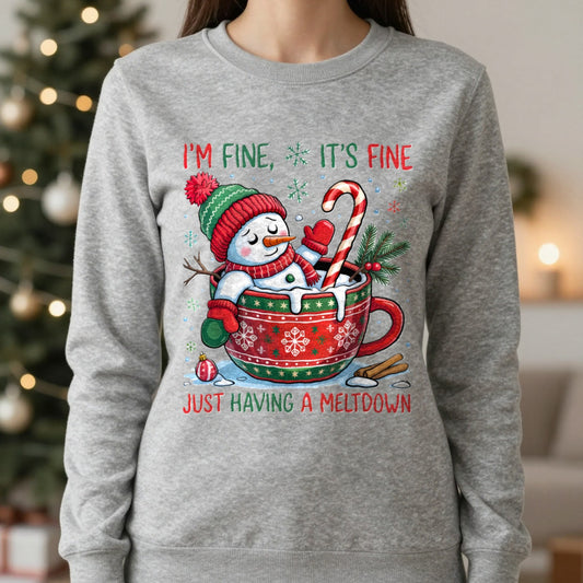 Funny Meltdown Snowman Christmas Sweatshirt – Festive Holiday Jumper worn, lifestyle photo
