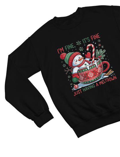black sweatshirt with funny snowman breakdown design holiday jumper