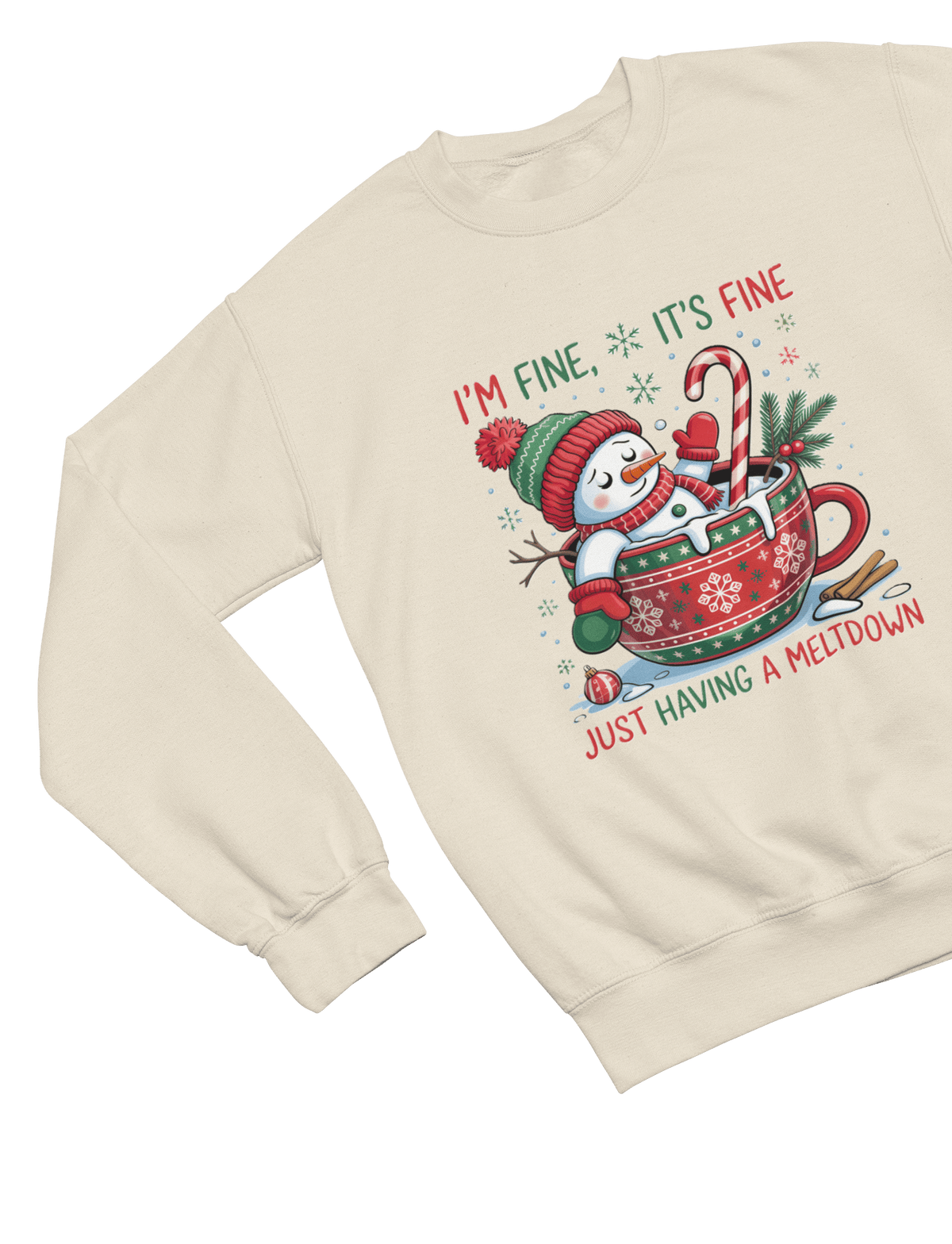 beige sweatshirt with snowman having a meltdown christmas graphic
