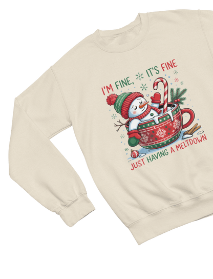 beige sweatshirt with snowman having a meltdown christmas graphic
