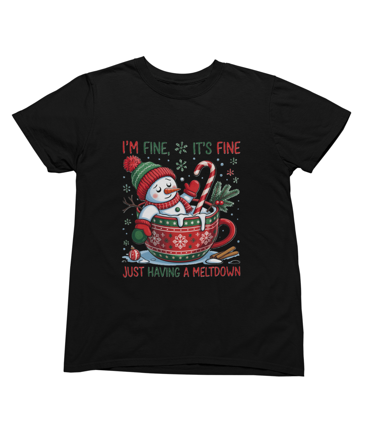 black t-shirt with snowman meltdown humorous holiday print