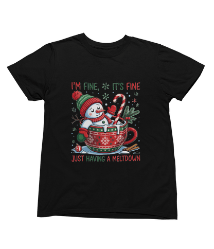 black t-shirt with snowman meltdown humorous holiday print