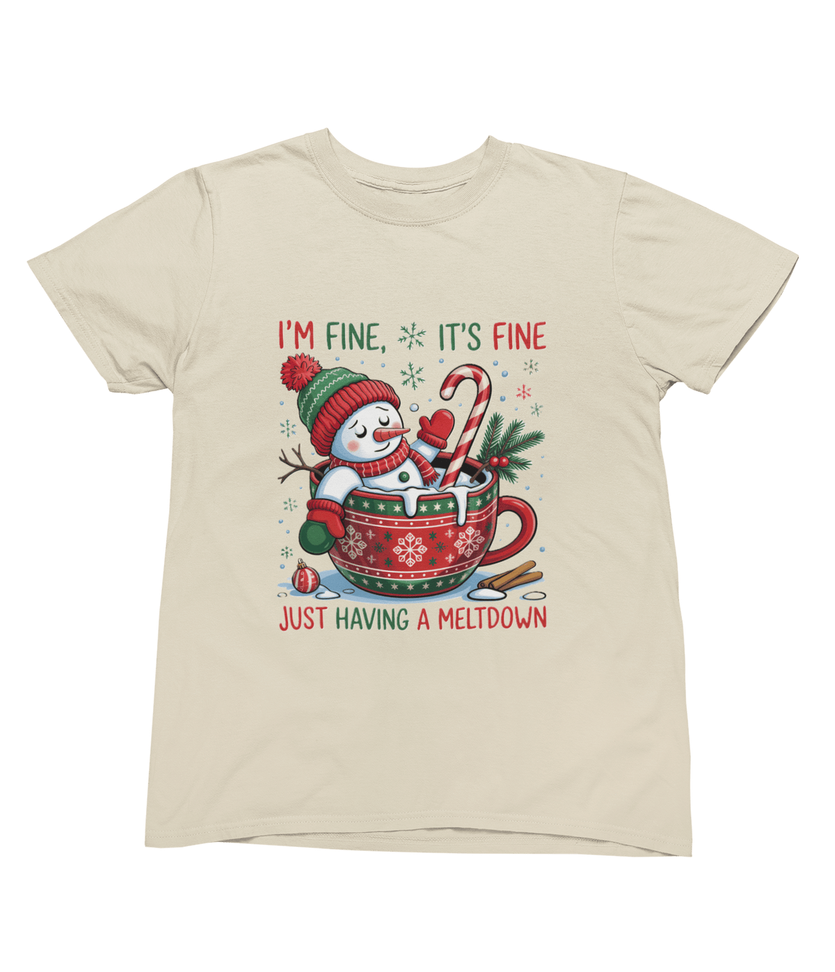 beige t-shirt with funny snowman having a breakdown christmas graphic