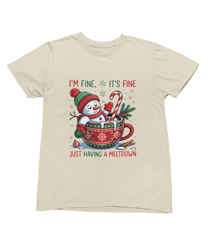beige t-shirt with funny snowman having a breakdown christmas graphic