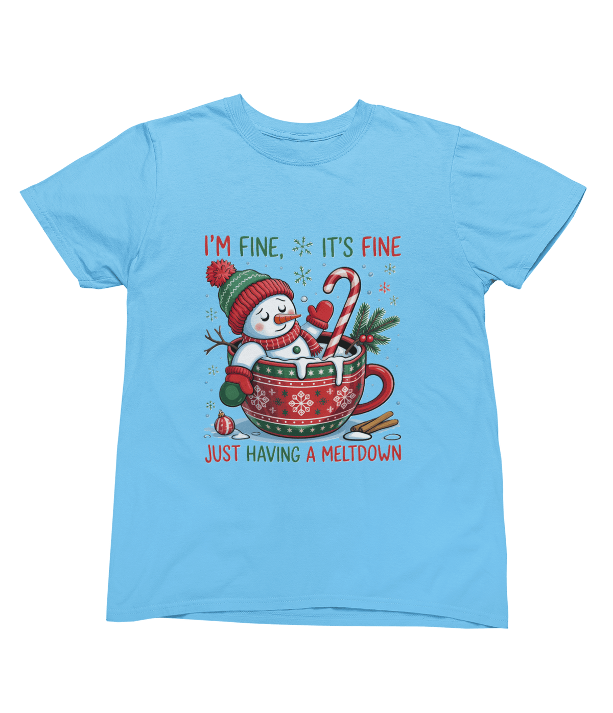blue t-shirt with hilarious snowman crisis hot chocolate design