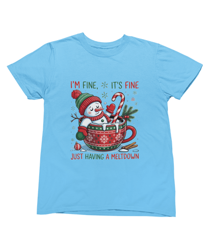 blue t-shirt with hilarious snowman crisis hot chocolate design