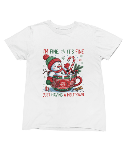 white t-shirt with snowman meltdown funny christmas print
