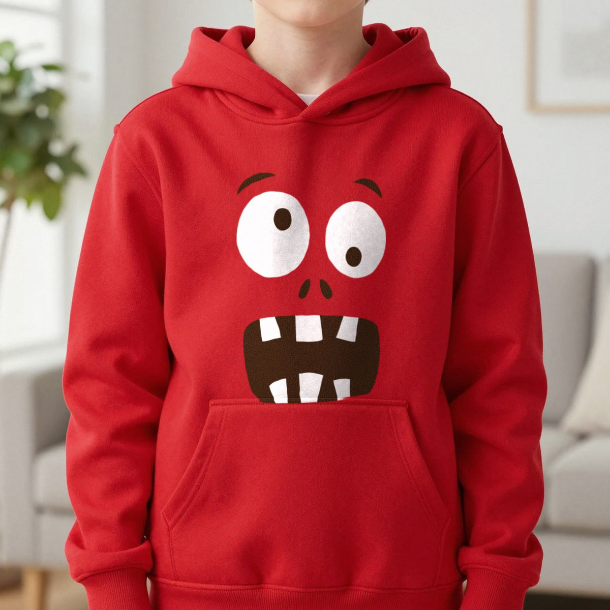 Funny Monster Face Halloween Kids Hoodie in Red, worn, our photo