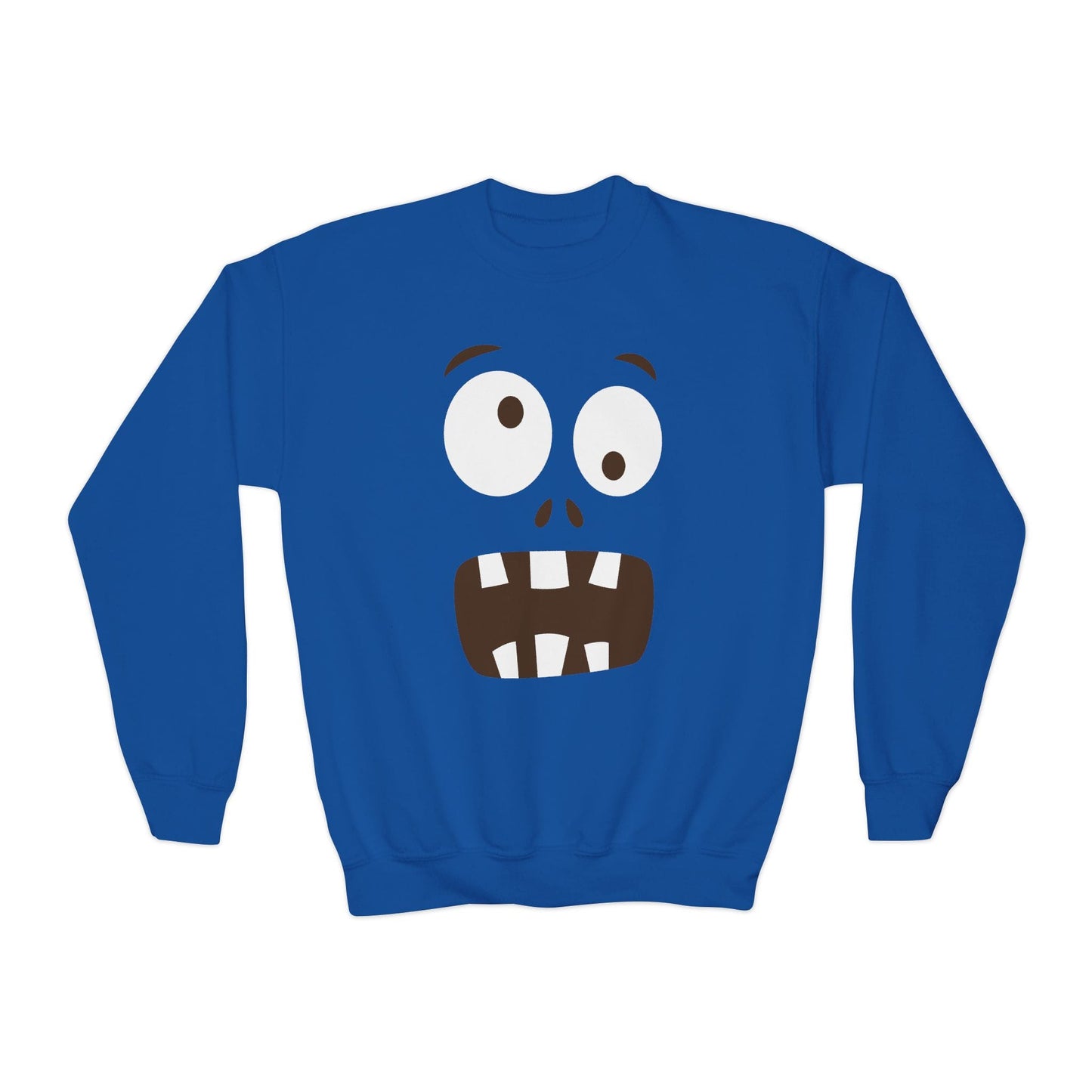 royal blue sweatshirt with playful monster face print for kids halloween gift