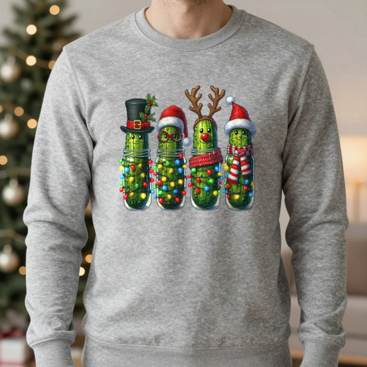 Funny Pickle Christmas Sweatshirt – Quirky Festive Jumper Unisex worn, lifestyle photo