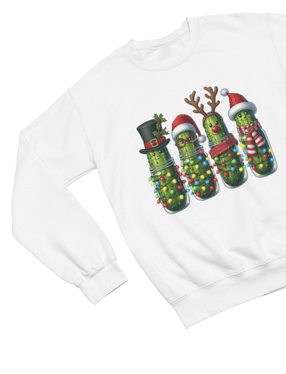 white sweatshirt with pickle Christmas graphic and winter outfit details