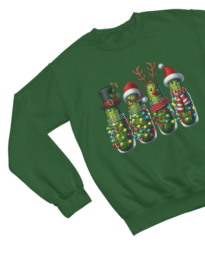green sweatshirt with pickle gang dressed in festive fairy lights and Santa hats