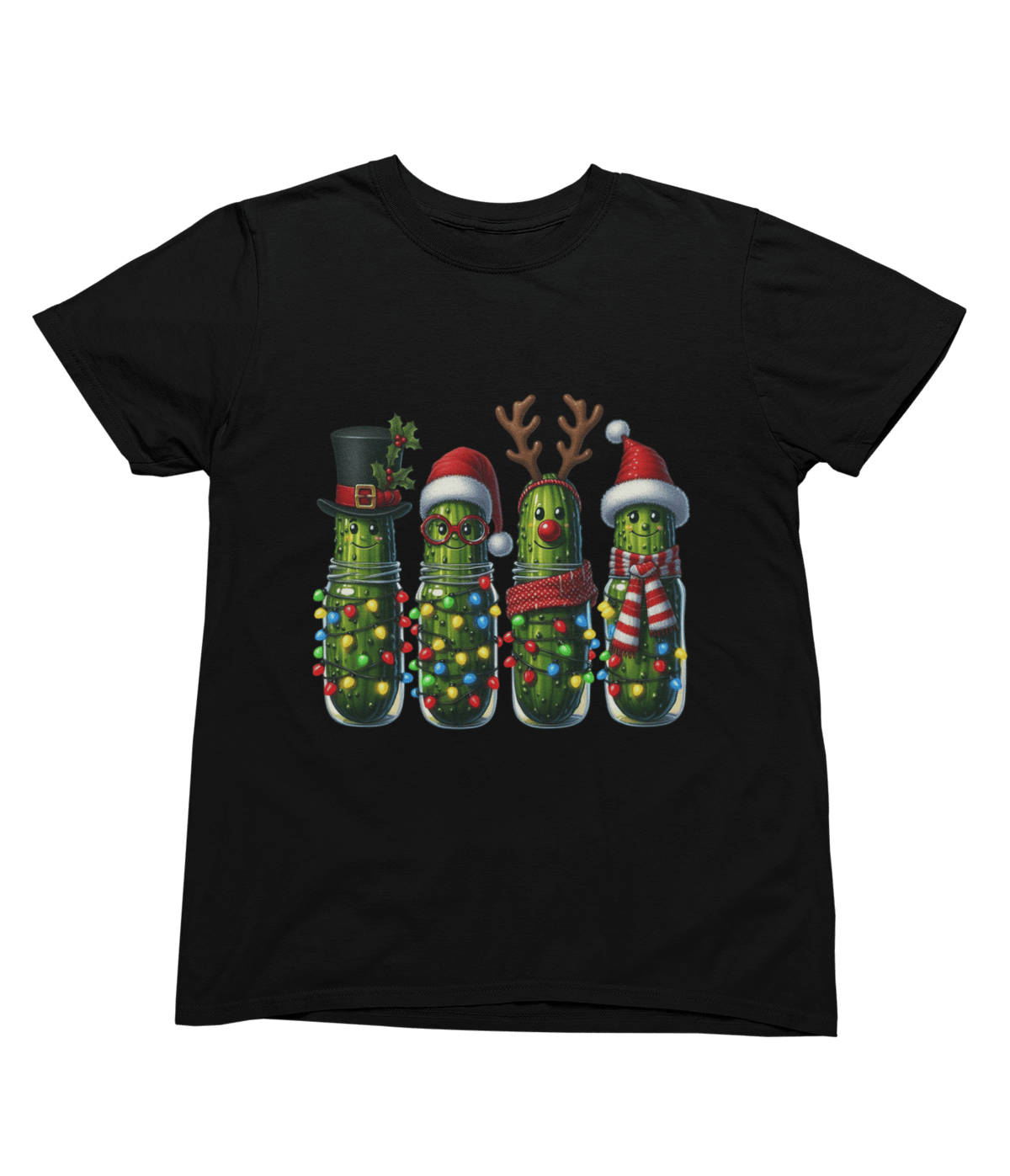 black t-shirt with funny pickle Christmas jumper design