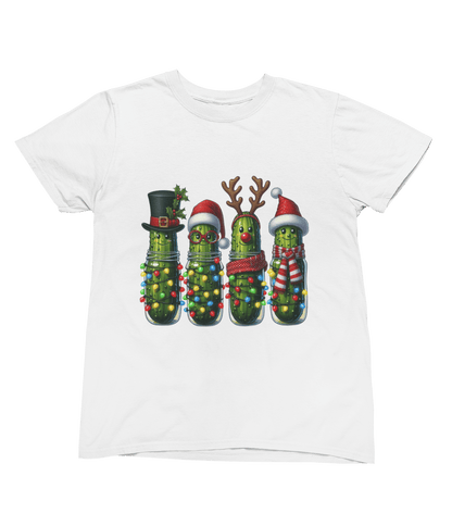 white t-shirt with pickle Christmas lights and cheeky expressions graphic