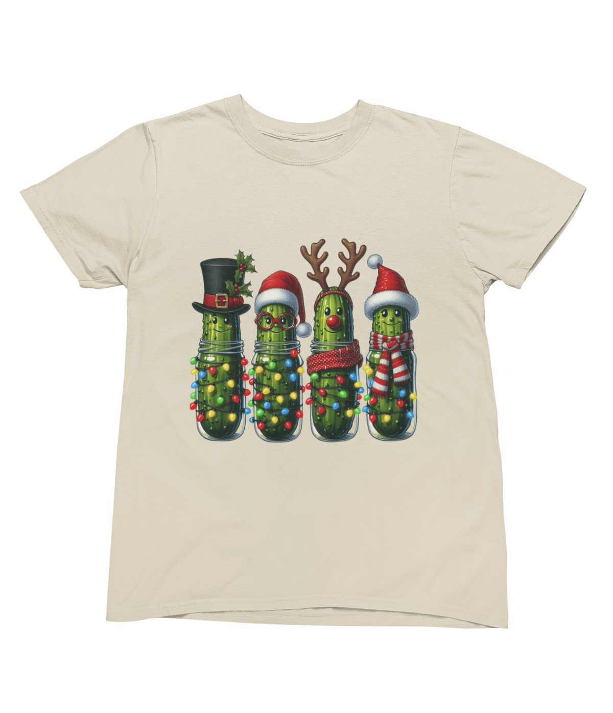 beige t-shirt with festive pickle characters in holiday outfits