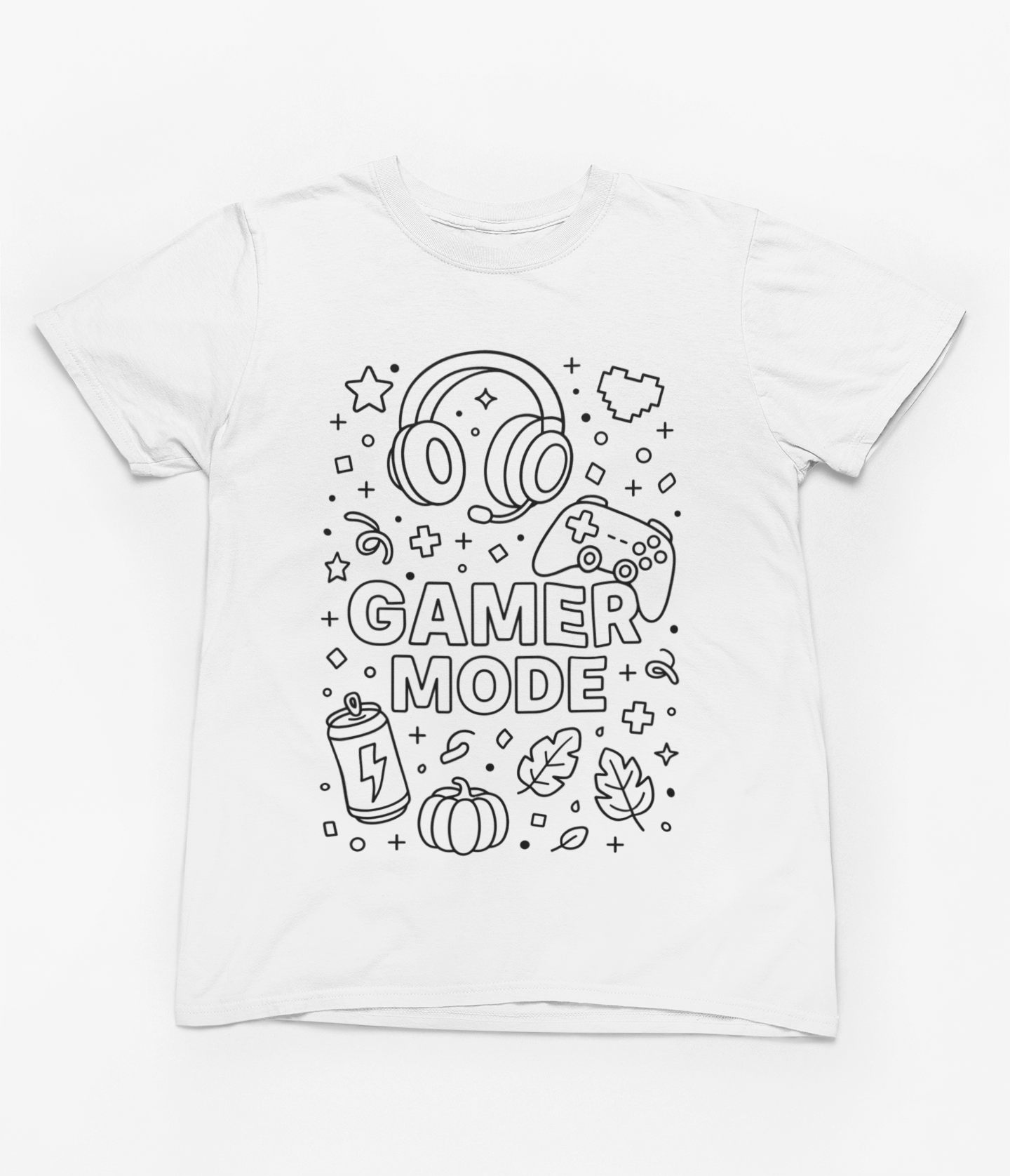 light blue kids t-shirt with gamer mode colour-in graphics for creative play