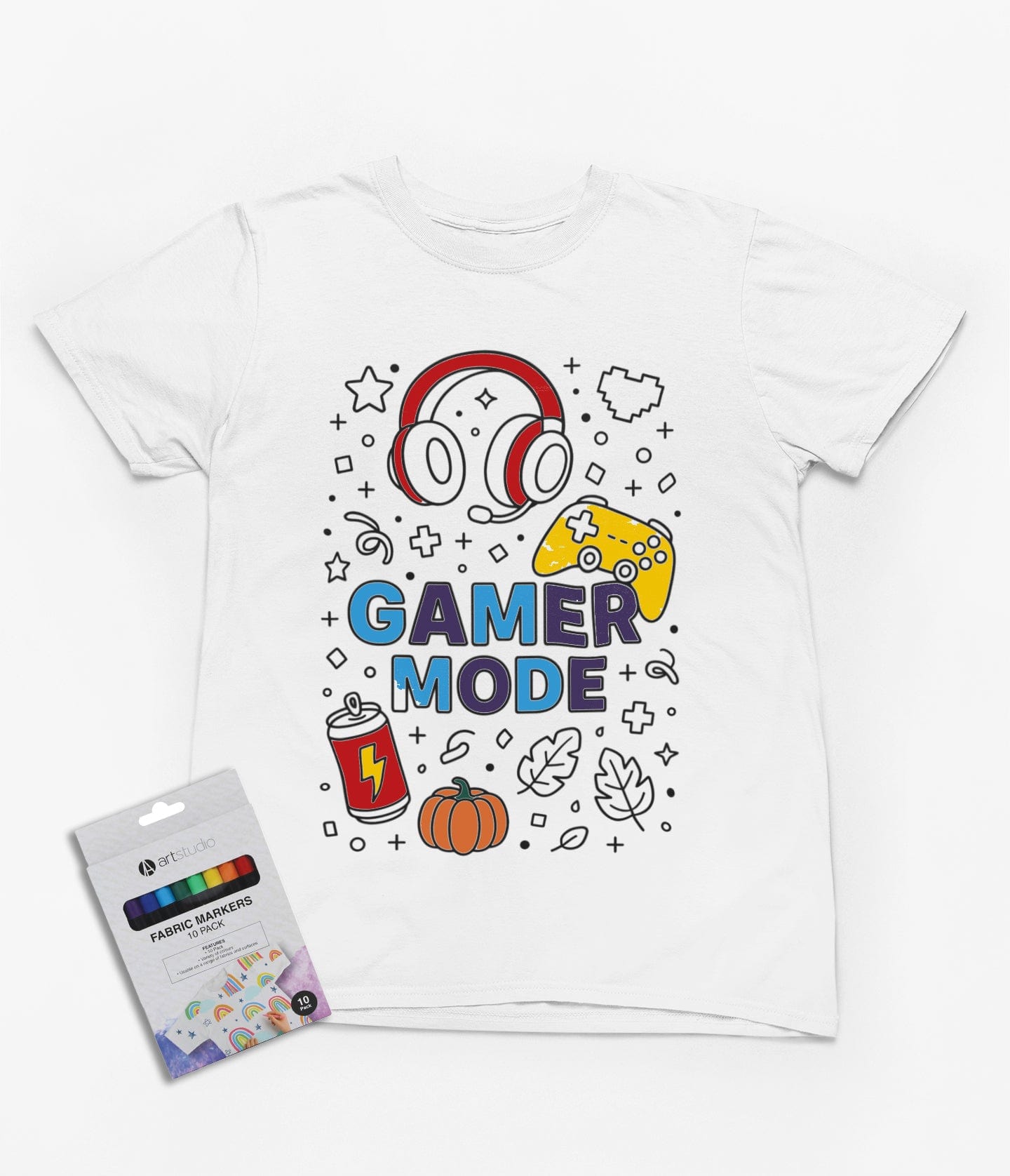 navy kids t-shirt with gamer mode colour-in gaming design ready for fabric markers