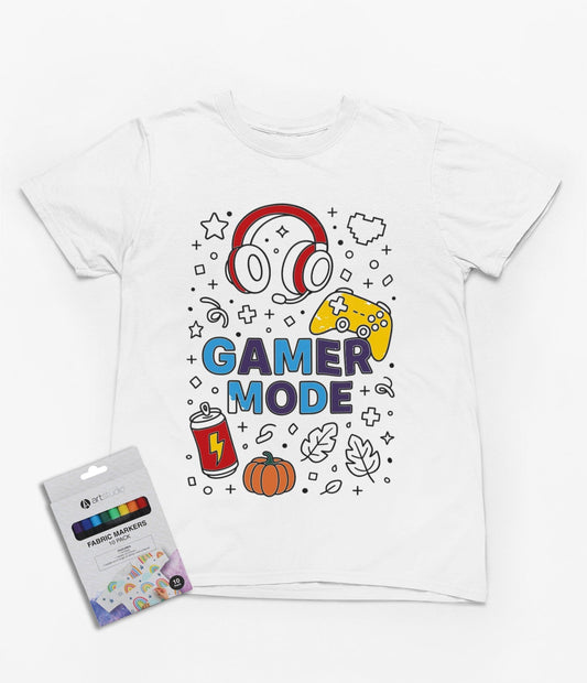 navy kids t-shirt with gamer mode colour-in gaming design ready for fabric markers