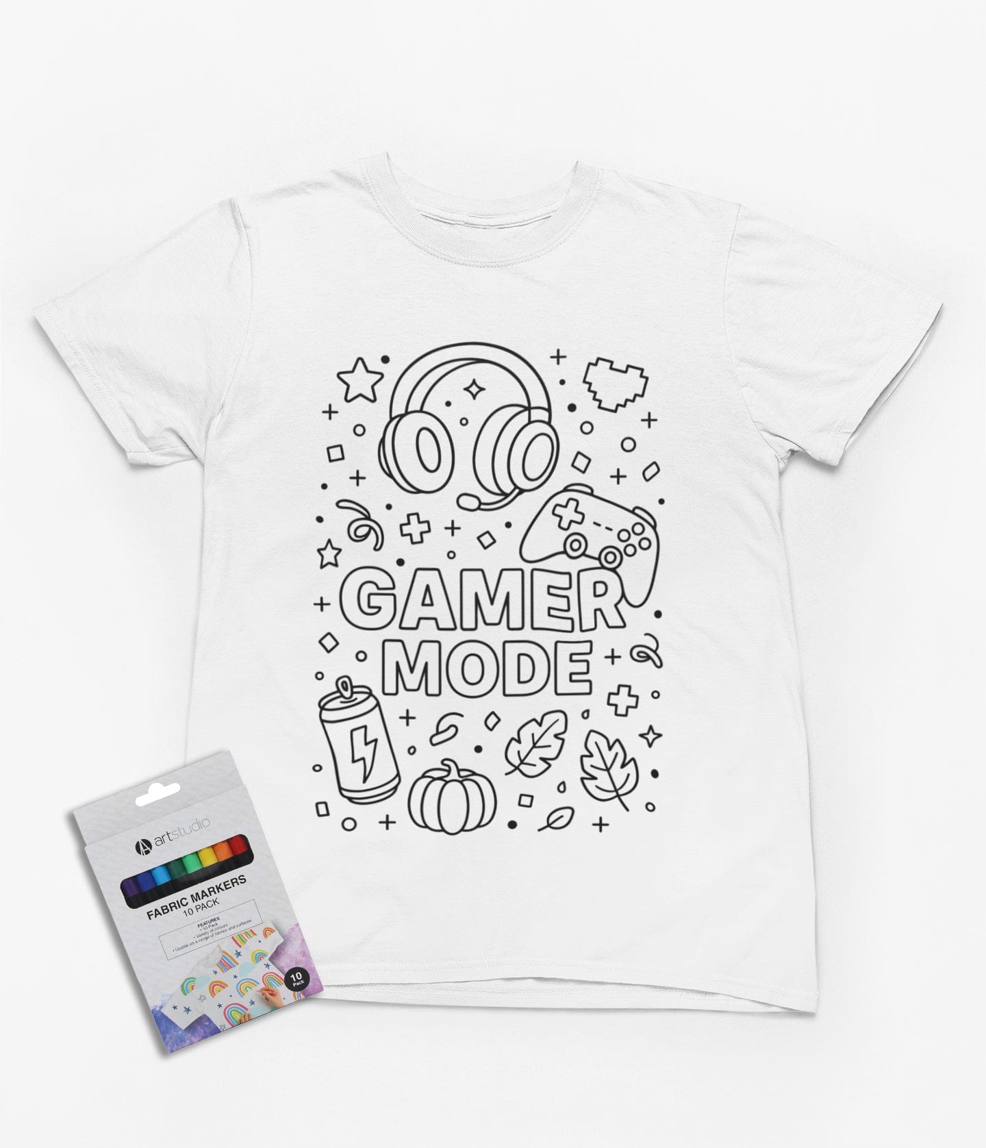 white kids t-shirt with gamer mode colour-in design featuring game controllers and power-ups