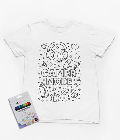 white kids t-shirt with gamer mode colour-in design featuring game controllers and power-ups