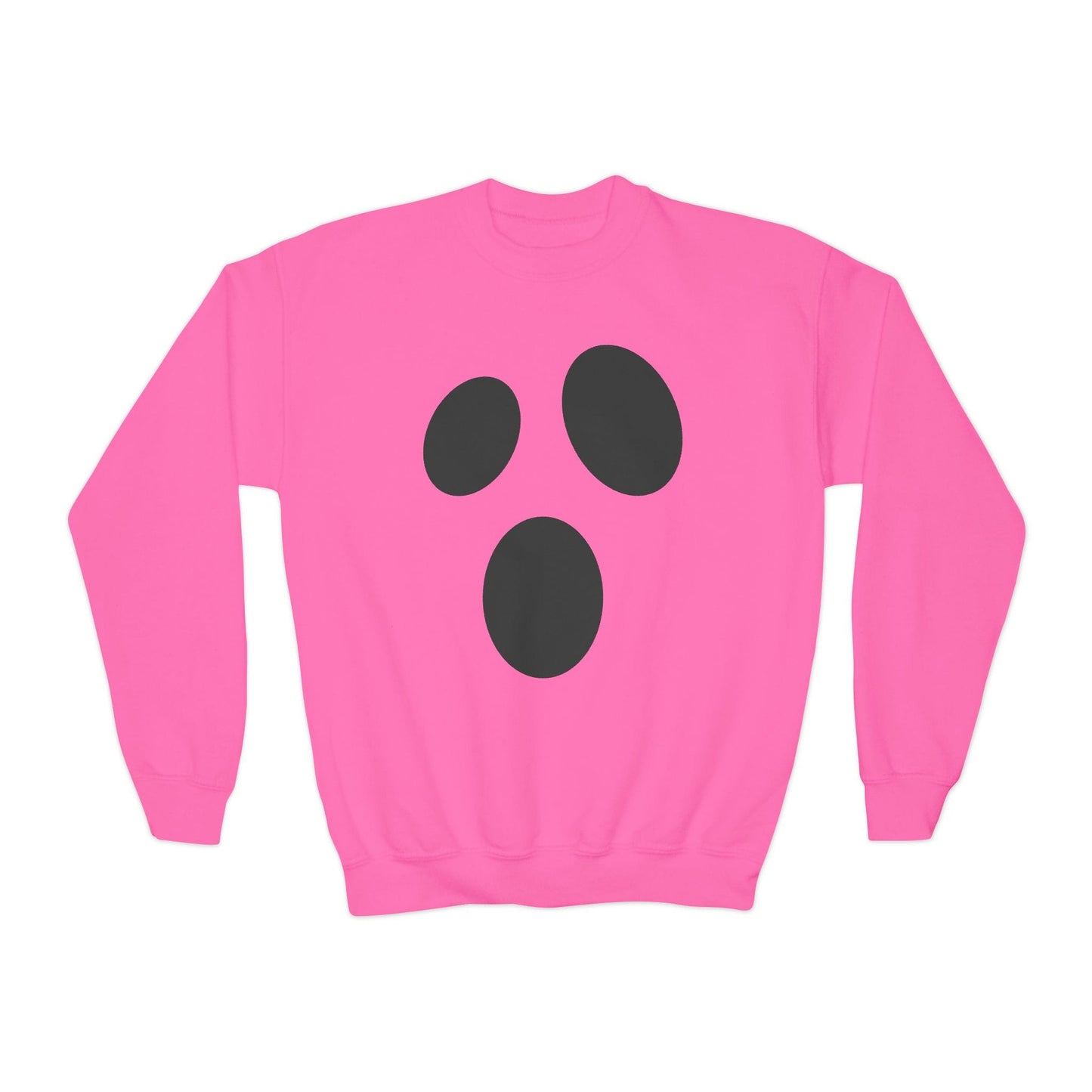 safety pink kids sweatshirt with ghost face halloween print for trick-or-treating