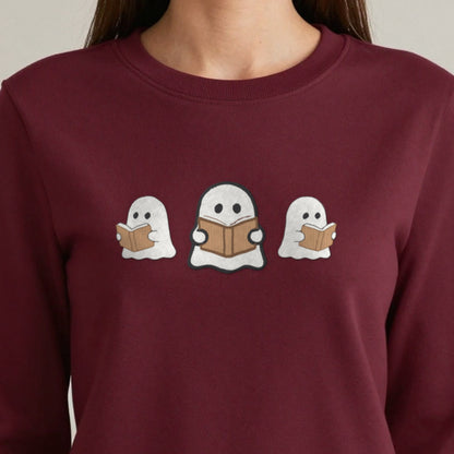Ghosts Reading Books Embroidered Sweatshirt close-up