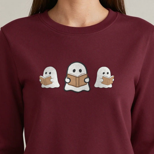Ghosts Reading Books Embroidered Sweatshirt close-up