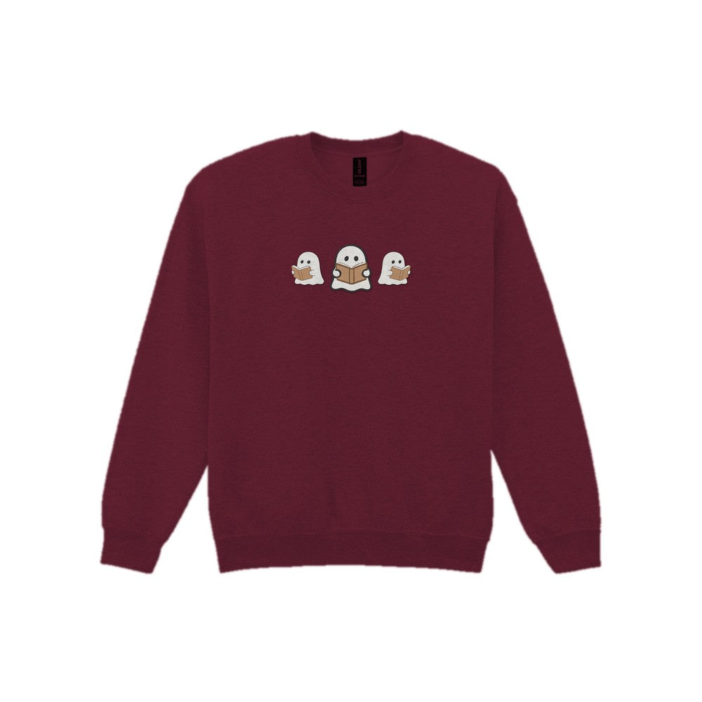 Ghosts Reading Books Embroidered Sweatshirt in Maroon