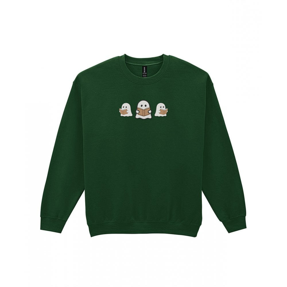 Ghosts Reading Books Embroidered Sweatshirt in Forest Green