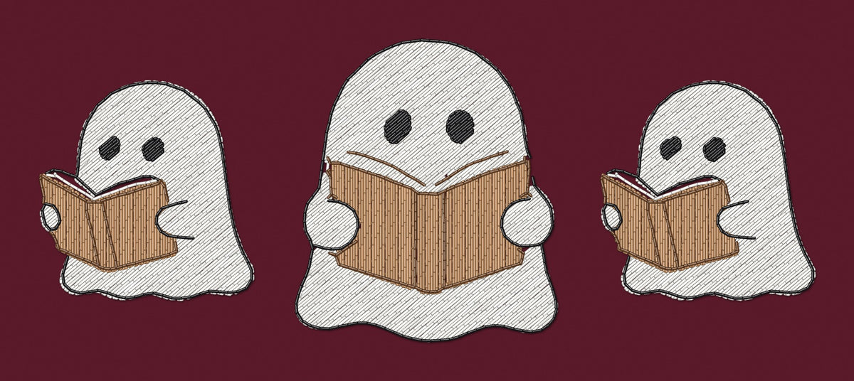 Ghosts Reading Books Embroidered Sweatshirt embroidery close-up