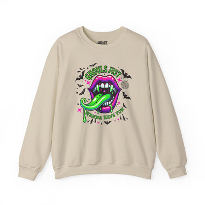 sand sweatshirt with ghouls just wanna have fun neon vampire lips and bats halloween graphic