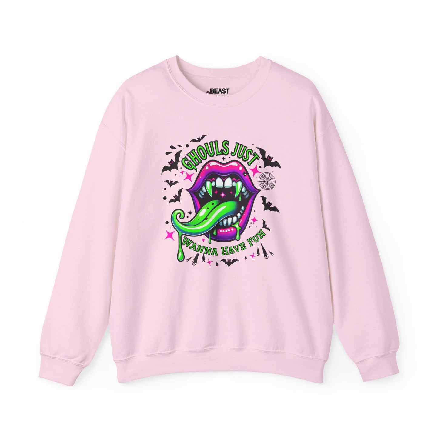 light pink sweatshirt with ghouls just wanna have fun neon halloween vampire design for spooky season