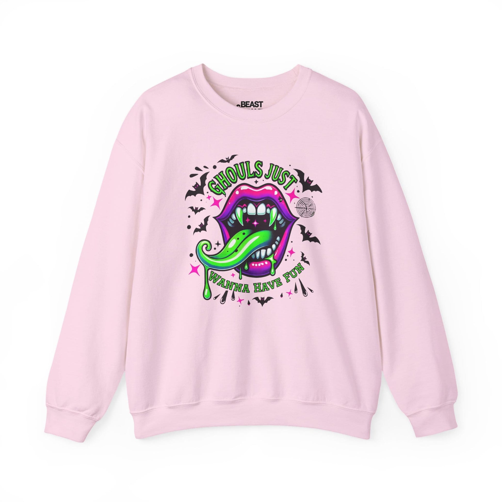 light pink sweatshirt with ghouls just wanna have fun neon halloween vampire design for spooky season