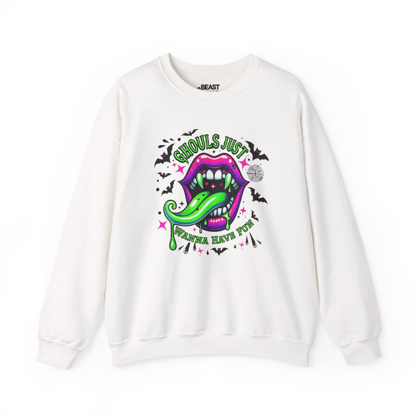 white sweatshirt with ghouls just wanna have fun neon vampire lips bats and dripping slime graphic