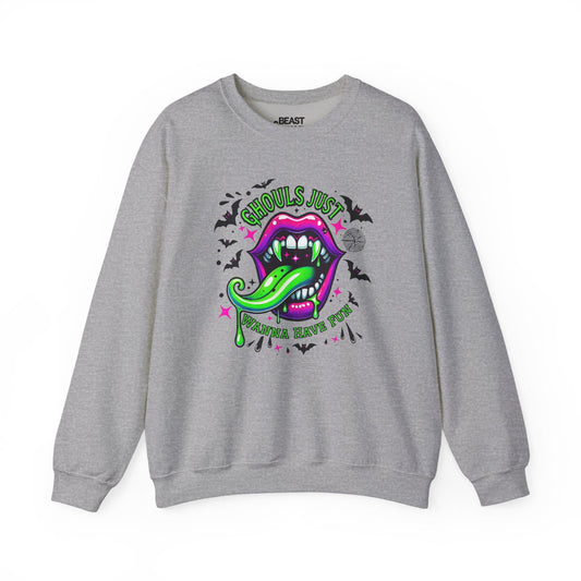 sport grey sweatshirt with ghouls just wanna have fun neon vampire lips and slime halloween design