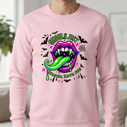 Ghouls Just Wanna Have Fun Halloween Sweatshirt in Light Pink, worn, our photo