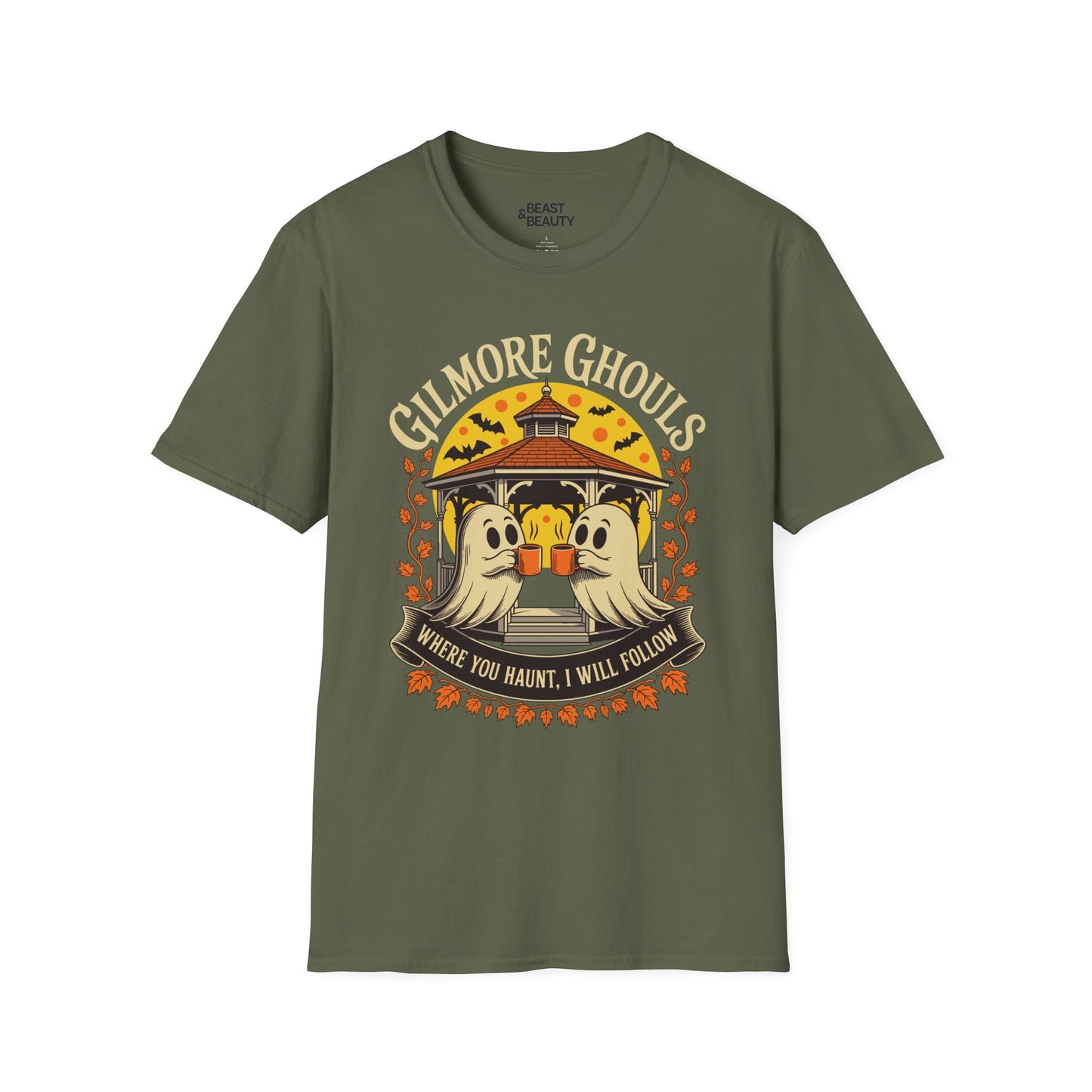 military green t-shirt with gilmore ghouls halloween ghost graphic