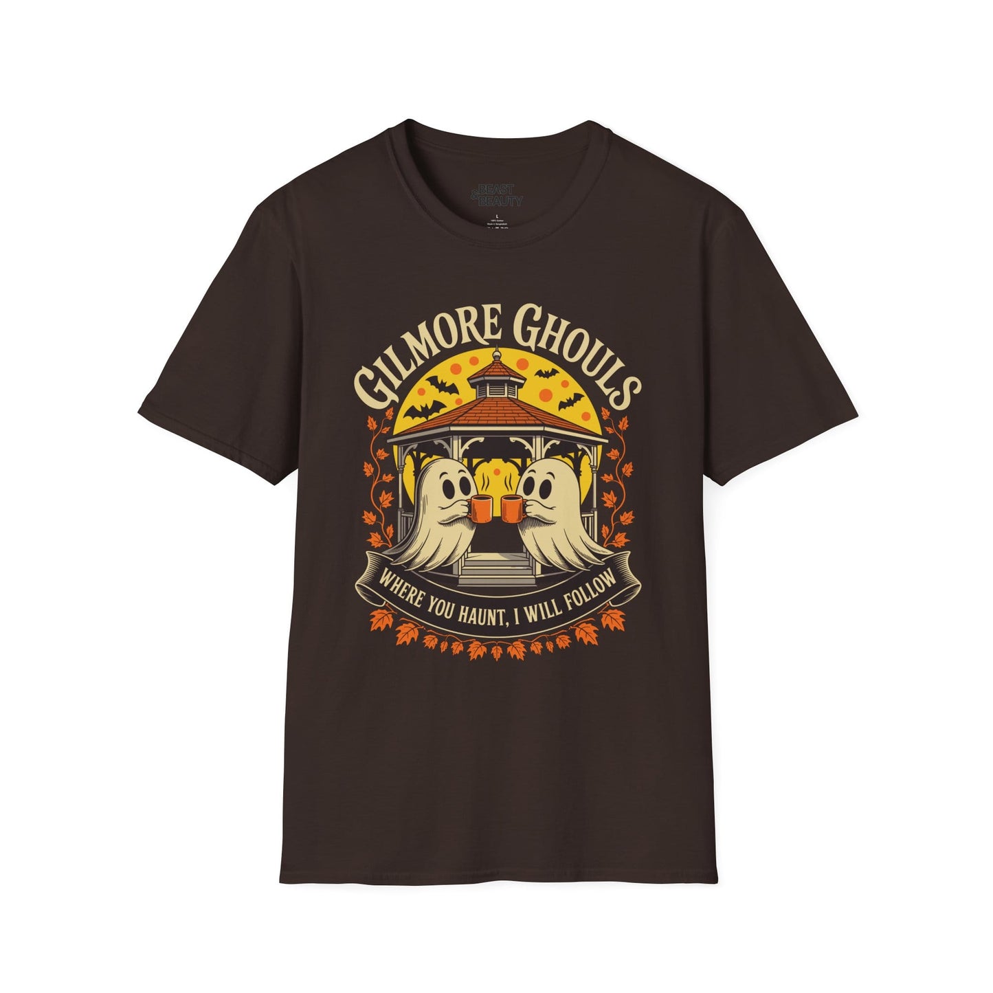 black t-shirt with gilmore ghouls halloween ghost design