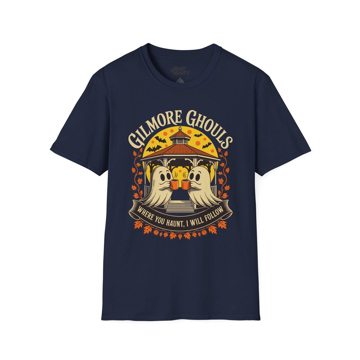 navy t-shirt with gilmore ghouls halloween ghost graphic design