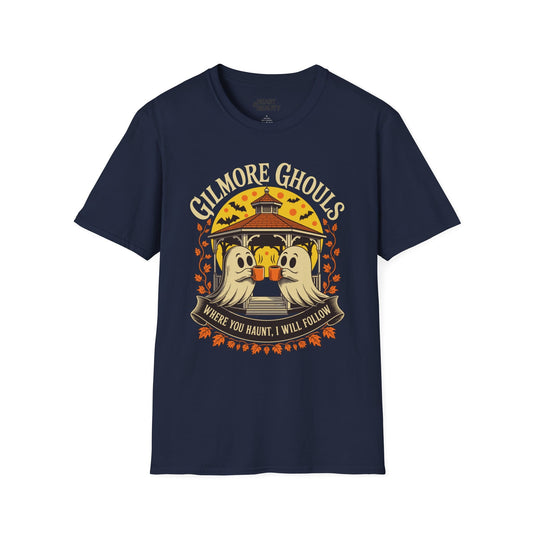 navy t-shirt with gilmore ghouls halloween ghost graphic design