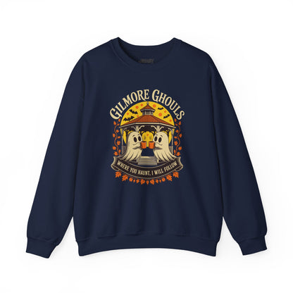 navy sweatshirt with cosy spooky season ghost and coffee graphic