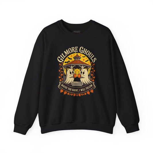 black sweatshirt with adorable ghost characters sharing coffee autumn illustration