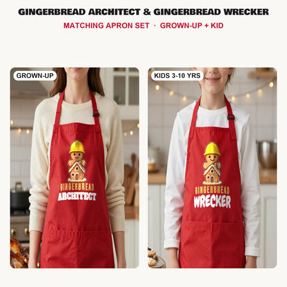 Gingerbread Architect & Gingerbread Wrecker matching apron set in Red: grown-up and kids aprons, our photo