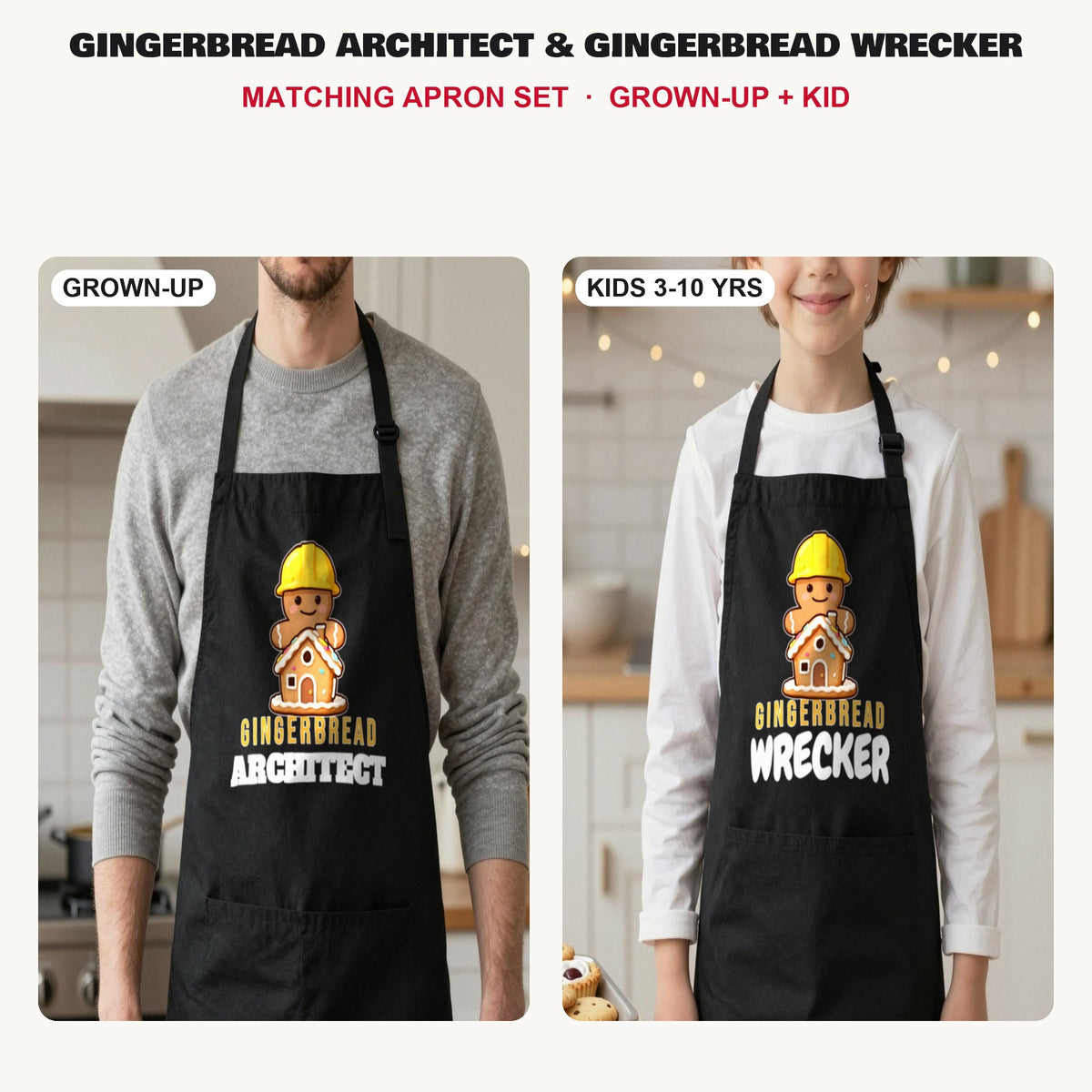 Gingerbread Architect & Gingerbread Wrecker matching apron set in Black: grown-up and kids aprons, our photo