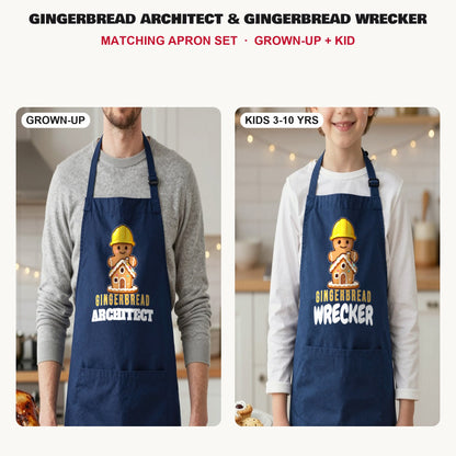 Gingerbread Architect & Gingerbread Wrecker matching apron set in Navy: grown-up and kids aprons, our photo