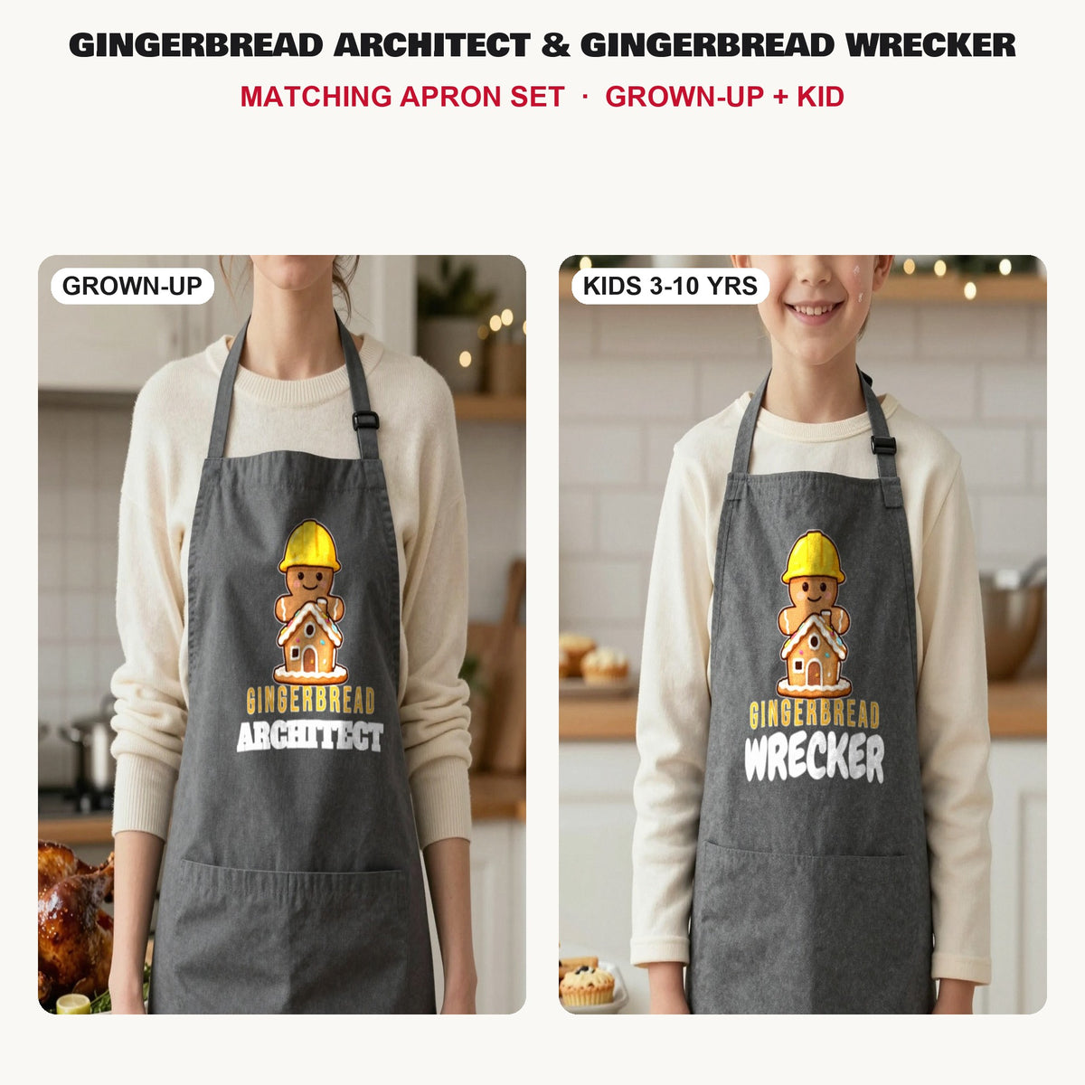 Gingerbread Architect & Gingerbread Wrecker matching apron set in Dark Grey: grown-up and kids aprons, our photo