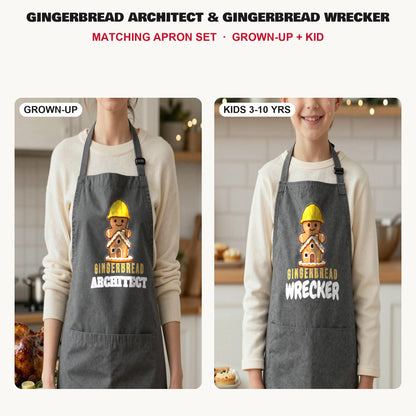 Gingerbread Architect & Gingerbread Wrecker matching apron set in Dark Grey: grown-up and kids aprons, our photo
