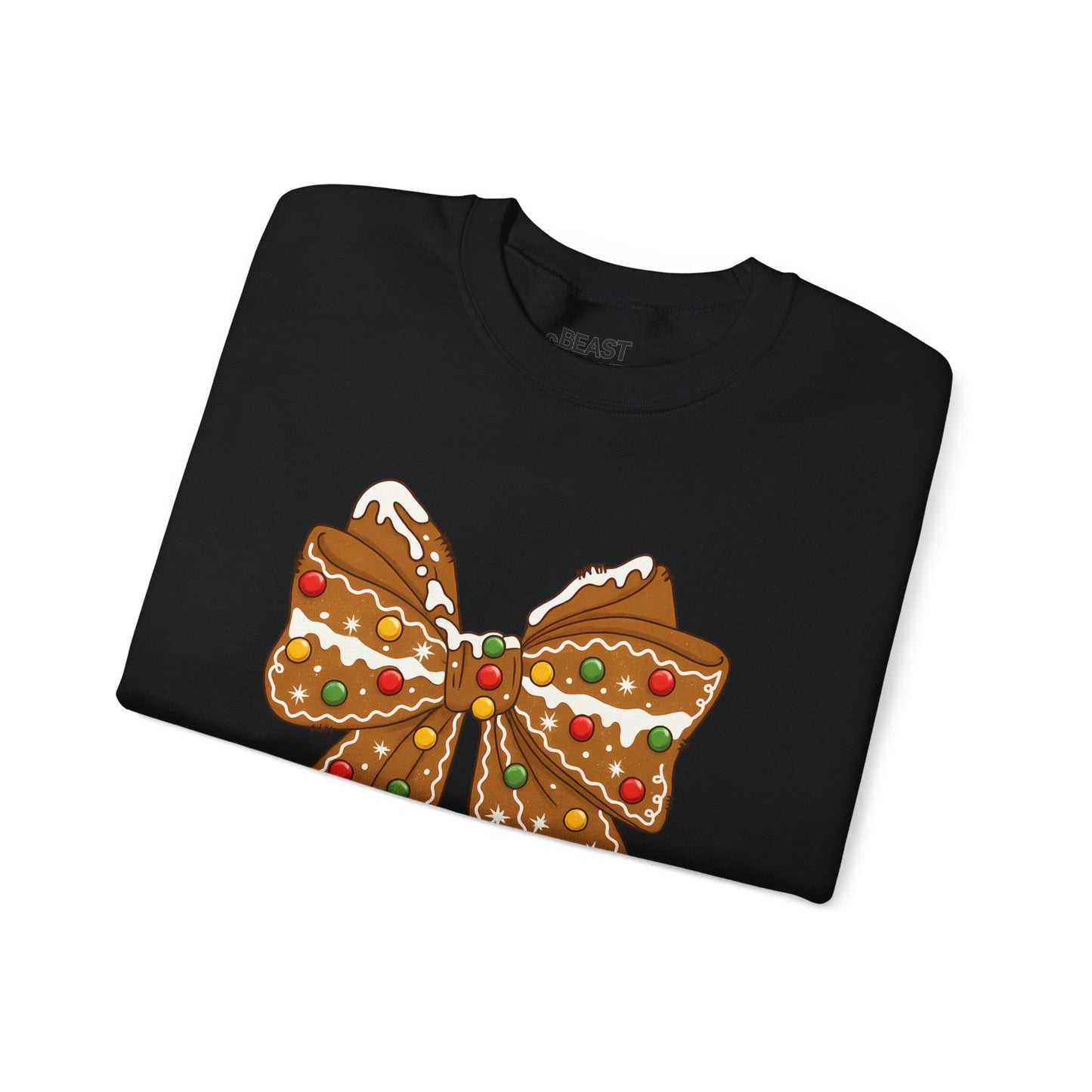 gingerbread bow Christmas sweatshirt detail shot showing printed design