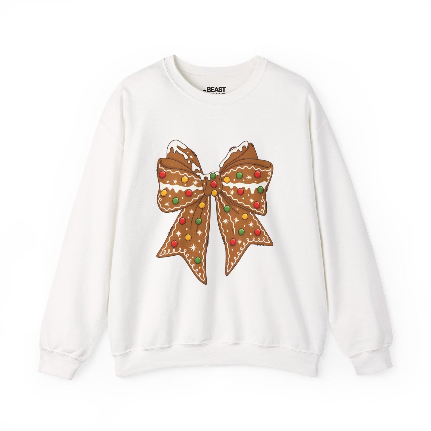 white sweatshirt with gingerbread bow Christmas graphic